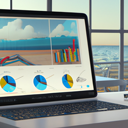 photorealistic detailed image of a laptop computer with web analytics software in the screen, some graphs, charts and pivot tables . As background of the image an office with nice views